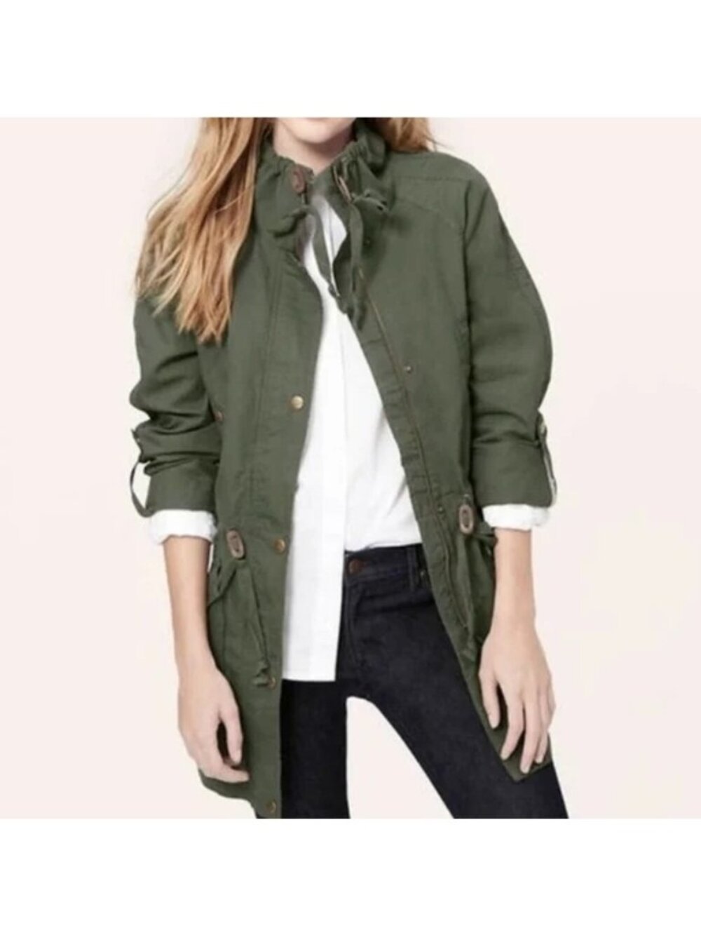 Ann Taylor Loft Women's Olive Green Cotton Linen Anorak Utility Jacket Sz L 2211